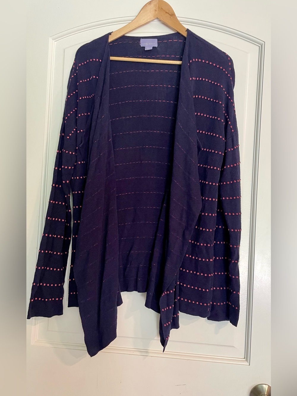 Laura Scott Navy Open-Front Cardigan with Pink Dot Stripes Size L